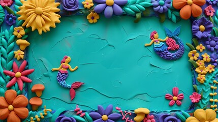 Fototapeta premium A colorful clay frame with mermaids and flowers.