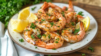 Grilled Shrimp with Lemon and Herbs on Plate