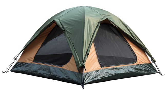Green and beige camping tent isolated on black.