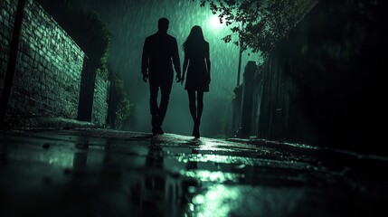 A couple walking down a wet street at night