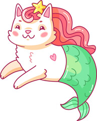 This adorable cat mermaid features a playful expression a pink mane and a flowing green tail adding charm to a vibrant underwater setting teeming with imagination.
