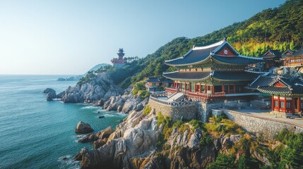 Obraz premium Scenic Coastal Temple Near Ocean and Mountains