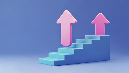 A colorful 3D illustration of stylized stairs with upward arrows, symbolizing growth, progress, and positive advancement.