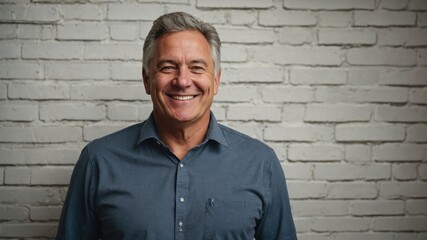 Smiling middle-aged man in a blue shirt poses against a white brick wall in a well-lit indoor setting
