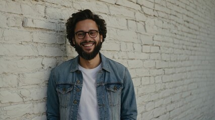 Obraz premium Smiling man with curly hair and glasses stands against a textured white brick wall in casual attire, radiating positivity and confidence
