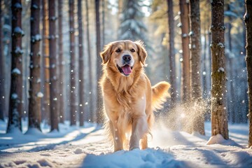 Golden Retriever Walking Through Snowy Forest - Candid Photography