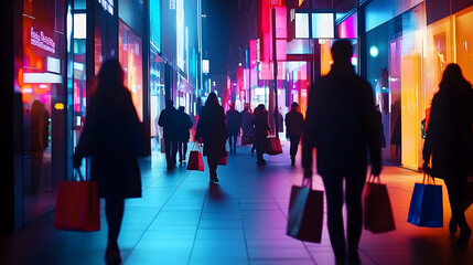 bustling midnight shopping scene neonlit streets silhouettes of eager shoppers overflowing bags urban energy