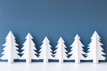 Obraz premium A decorative arrangement of white paper pine trees set against a blue background, ideal for seasonal crafts or festive decor