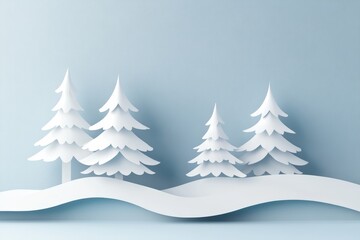 Obraz premium A calm winter landscape features white paper trees set against a soft blue backdrop, creating a peaceful and minimalistic atmosphere