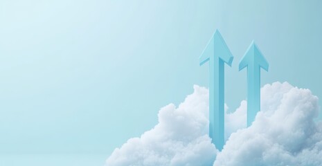 Upward arrows rising through soft clouds create a feeling of growth and aspirations in a tranquil blue sky