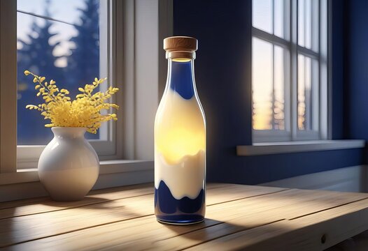 Cute bottle with yellow floer vase in the window side