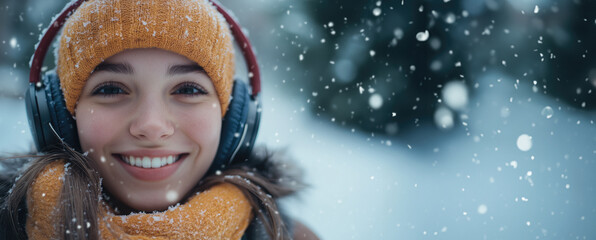 Happy woman in winter and headphones is smiling while walking outdoors on a snowy day