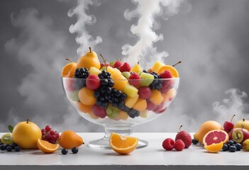 A bowl filled with fruits on smoke background