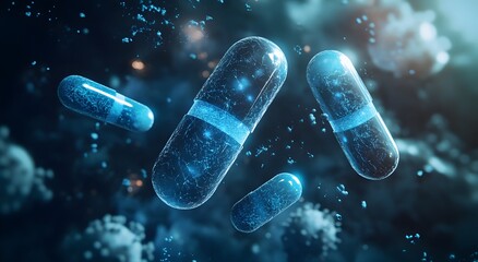 A pill suspended in air, surrounded by several small glowing particles, close-up from an overhead perspective, with many large bacteria floating next to it. Sparkling Effect