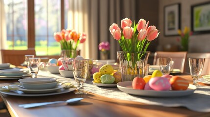 Festive Easter Table Setting with Colorful Decor