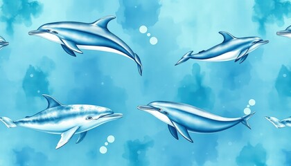 Obraz premium Dolphins and whales watercolor nature background seamless pattern AI Generate