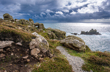 Coastal landscape of Land's End in Cornwall on a stormy afternoon