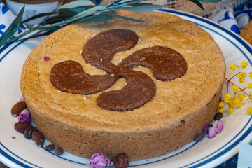 Gateaux tart from Basque Country, brown caramel cheese cake, with different filling, cream, cherry,...