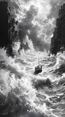 Little wodden boat caught in a ocean storm while on voyage to destiny