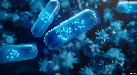 A pill suspended in air, surrounded by several small glowing particles, close-up from an overhead perspective, with many large bacteria floating next to it. Sparkling Effect