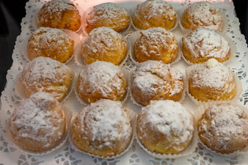 Chouquettes or petits choux are small pieces of French patisserie consisting of small spheres of choux pastry, sugared and baked, Bordeaux, France