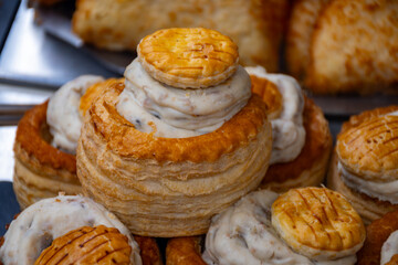 Stuffed puss pastry filled with meat pr muchrooms sauce, French cousune vol-au-vent starter dish