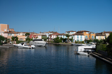 Travel and summer vacation destination, view on houses, roofs, canals and boats in Port Grimaud, Var, Provence, French Riviera, France