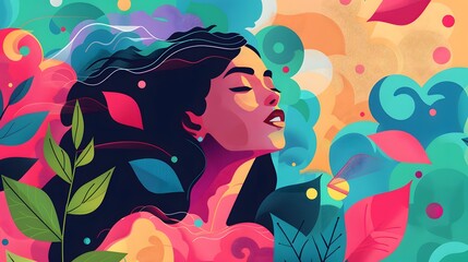 Colorful Bliss: Woman with long black hair surrounded by colors and colorful leaves smisling and reflecting 