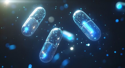 A pill suspended in air, surrounded by several small glowing particles, close-up from an overhead perspective, with many large bacteria floating next to it. Sparkling Effect
