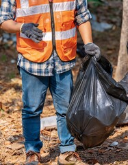 A sanitation worker wearing a safety uniform is busy collecting rubbish, generative ai
