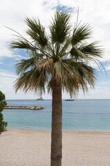 Sandy beach in Monaco, Monte-Carlo Lavrotto beach with clear sea water and beach cafe and restaurants