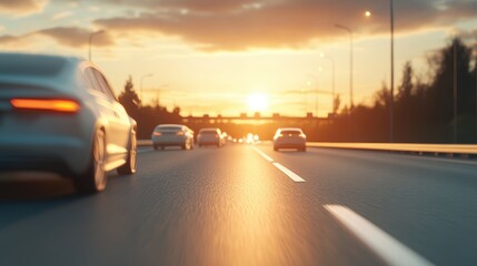 Fototapeta premium Futuristic Highway with Autonomous Vehicles at Sunset
