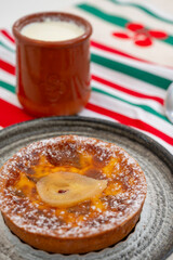 Basques food, sheep’s milk curd dessert Mamia or Cuajada, Curd, maman, gatzatua or gaztanbera Original Basque Dessert curdled with rennet and homemade pears cake