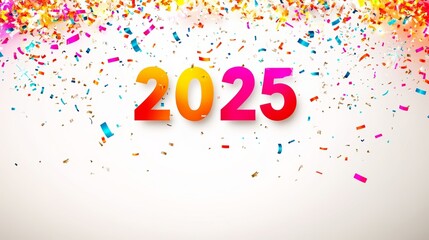 Fototapeta premium Festive 2025 background with vibrant confetti, creating a celebratory atmosphere for New Year's events, perfect for invitations, greeting cards, and party decorations to welcome the new year with joy