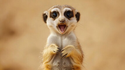 Fototapeta premium A surprised meerkat with its mouth wide open looking directly at the camera.
