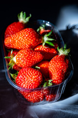 Plate with french organic red ripe sweet strawberries Fraises de Plougastel, harvested in France