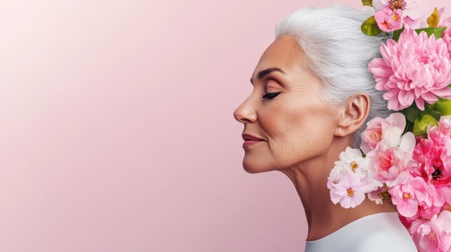 An older adult woman embodies vitality and hormone balance surrounded by blooming flowers, showcasing graceful aging in a serene setting