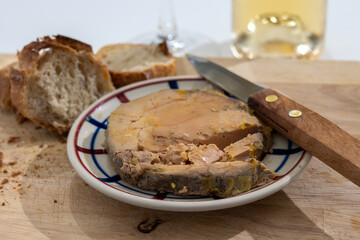 Foie gras fat liver specialty food product made of liver of a duck or goose fattened by gavage, force feeding, served in French restaurant in Perigoed, Dordogne, close up