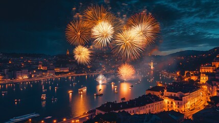 Cityscape with Fireworks Over Water at Night