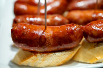 Typical snacks of Basque Country, pinchos or pinxtos skewers with small pieces of bread, fish, sea food, sweet green pepper served in bar in San-Sebastian or Bilbao, Spain