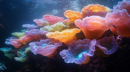 Naklejka premium underwater kaleidoscope, an array of bright corals illuminating the depths with their neon presence