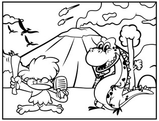 Little caveman cartoon characters playing baseball with dinosaur as his Pet, With ancient volcano background. Best for coloring book with dinosaurs themes for kids