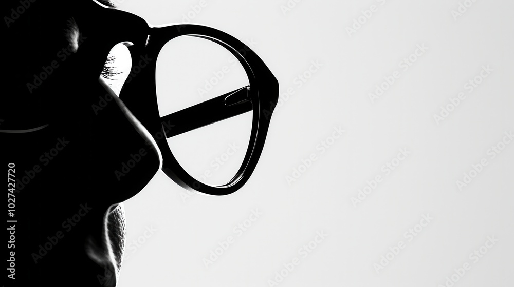Poster The silhouette of a person with eyeglasses emphasizes their contemplative mood, illuminated by soft lighting in a simple setting. Generative AI