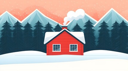Fototapeta premium A charming red cabin sits among tall pine trees, covered in snow, with soft smoke rising from its chimney. Winter Warmth Concept