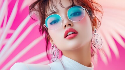 Edgy fashion model with glitch art effect and neon jewelry poses against a minimalist backdrop for a striking portrait