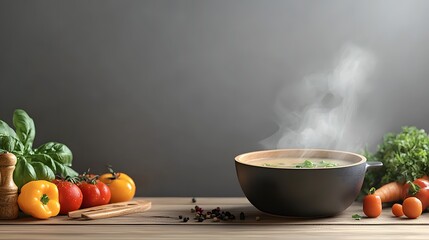 A steaming bowl of vegetable soup sits on a wooden table. Fresh herbs and vegetables surround the bowl, enhancing warmth and comfort. Winter Warmth Concept