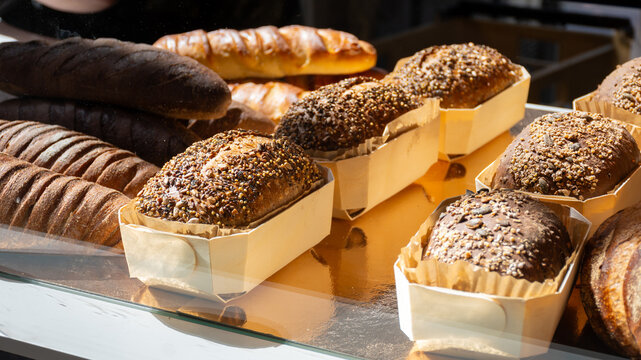 French artisan bakery in Bordeaux, rye and wheat bread and baguettes, France, french food