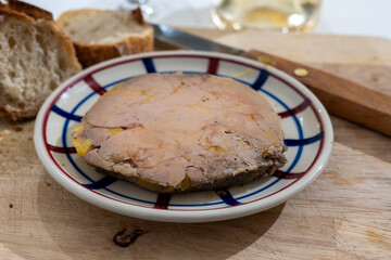 Foie gras fat liver specialty food product made of liver of a duck or goose fattened by gavage, force feeding, served in French restaurant in Perigoed, Dordogne, close up