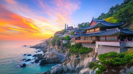 Serene Coastal Temple at Sunset