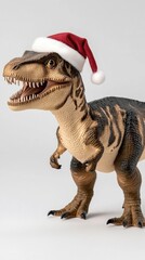 Fototapeta premium An adorable dinosaur celebrates Christmas in a festive Santa hat while standing cheerfully in a light-toned background